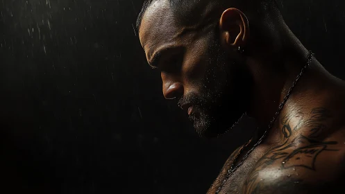 Quiet strength in the rain with a thoughtful tattooed man.