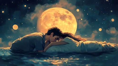 Couple in Moonlight Over Water at Night.