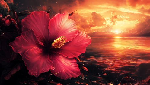 Crimson hibiscus glowing beside a molten sunset sea.
