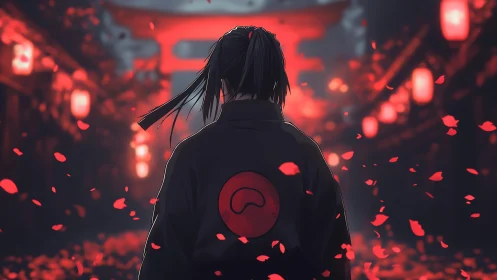 Solitary wanderer under red lanterns and drifting petals.