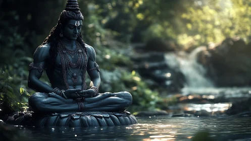 Meditating Shiva statue is positioned beside a forest waterfall