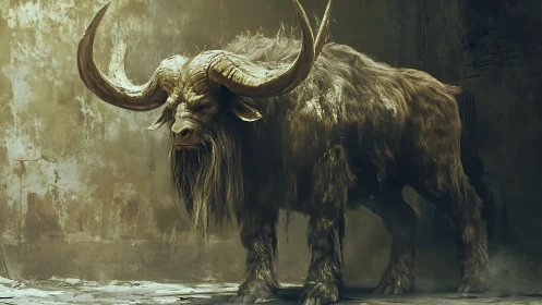 Massive horned beast stands against decayed concrete wall
