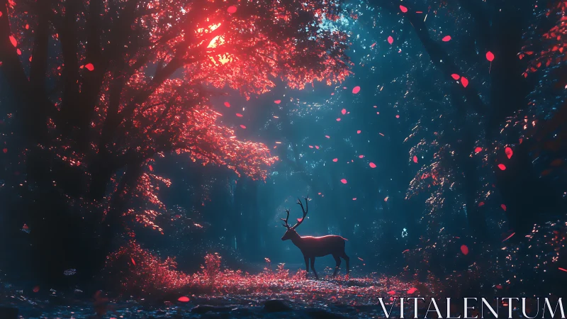 Silhouetted Stag in Neon Forest Landscape.