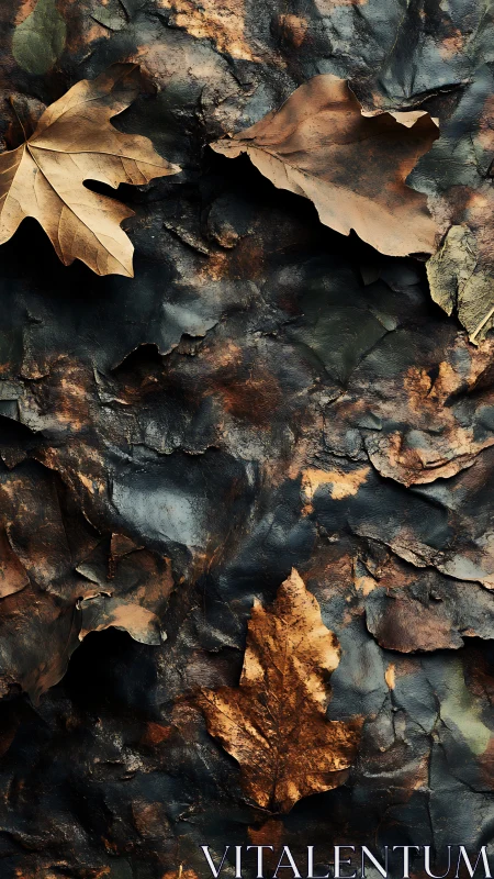 Burnished autumn leaves rest on dark textured ground