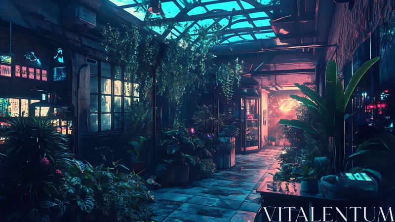 Neon-lit rooftop greenhouse glows over a futuristic city street.