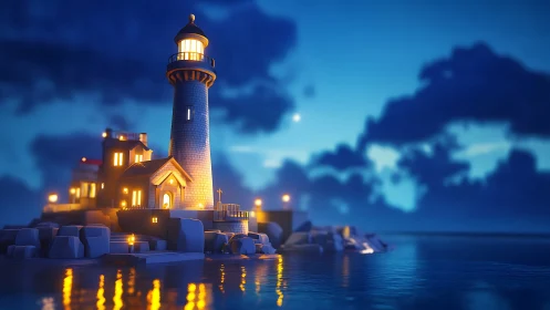 Lighthouse Structure Illuminated Against Twilight Sky