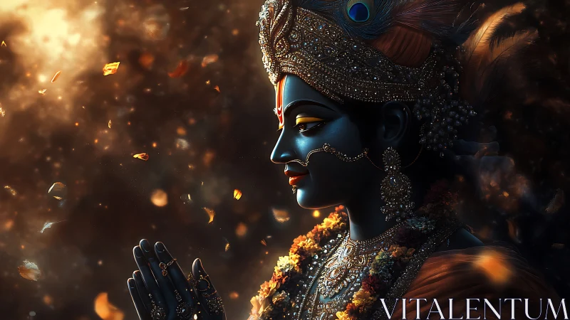 Gentle blue deity in glowing prayerful light and falling petals