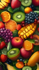 Digital illustration depicts assorted sliced and whole fruits