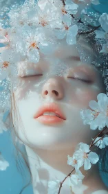 Closed-eyed female face framed by white blossoms and ice