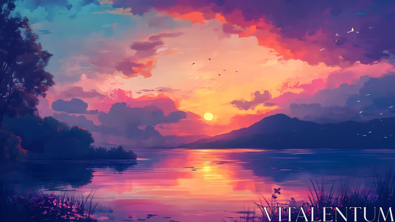 Radiant sunset painting over calm lake and distant hills.
