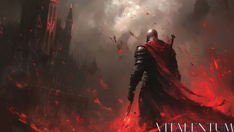 Armored figure before dark fortress in red storm field.