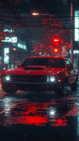 Retro muscle car in neon-soaked cyberpunk nightscape rendering.
