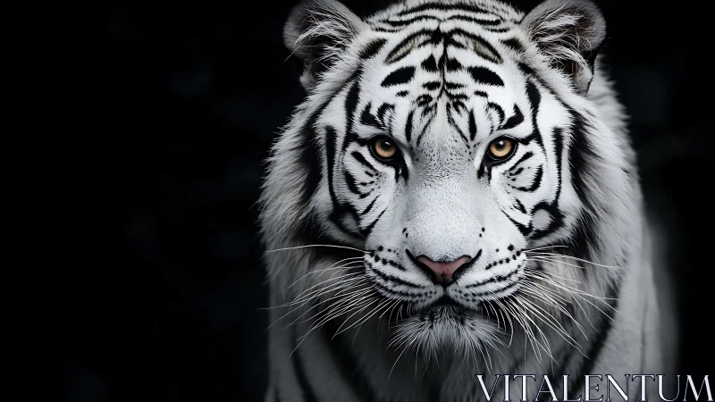 White tiger portrait shows frontal head view in low key lighting