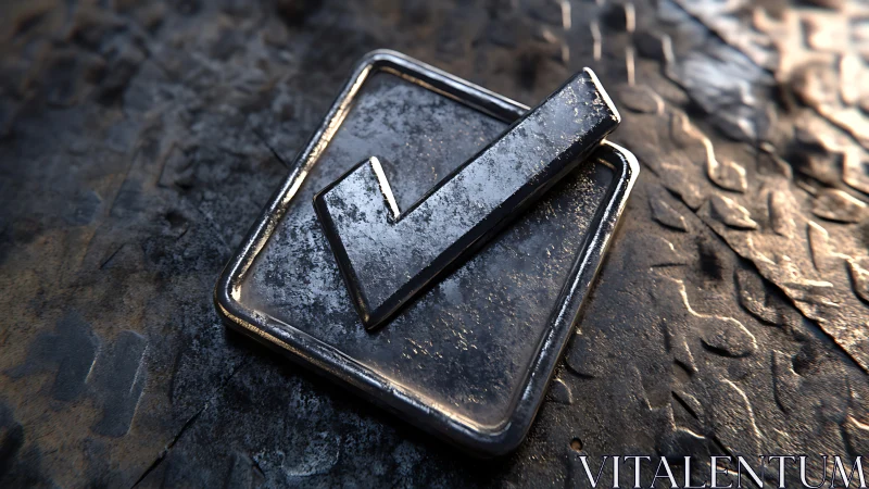 Metallic checkmark emblem on textured industrial surface.