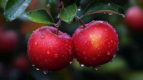 Dew-covered red apples hanging from tree branch at dawn.
