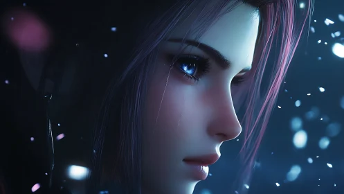 Gazing hero in soft blue light with snowlit determination.