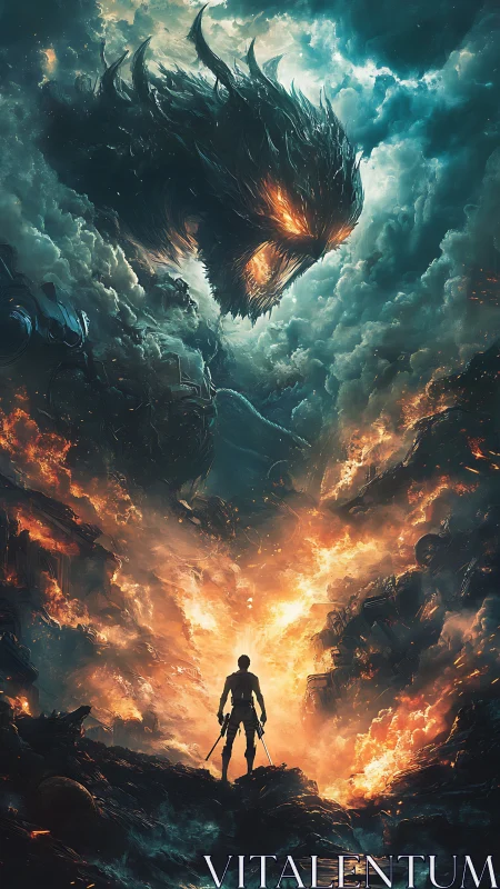 Warrior faces colossal fiery storm demon in apocalyptic sky