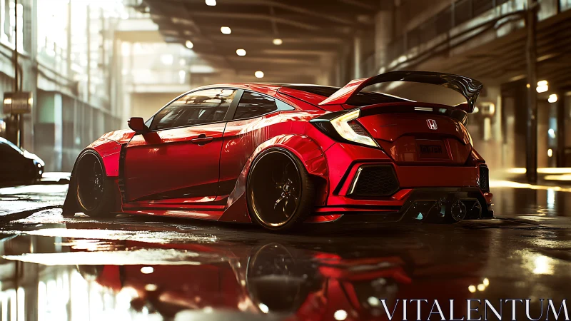 Wide-body red tuner hatchback rendered in cinematic 3D lighting