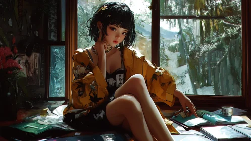 Interior-lit reader in yellow kimono under diffused windowlight.