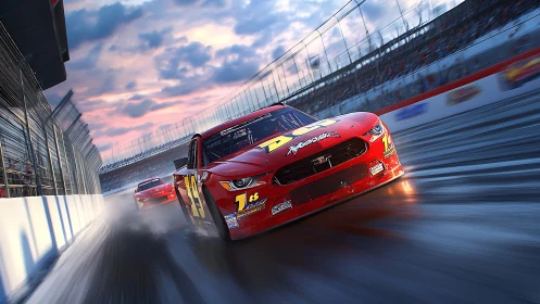 Red stock car advances on wet oval track under stadium lights