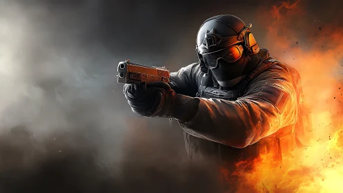 Armored tactical soldier aims pistol through fire and smoke