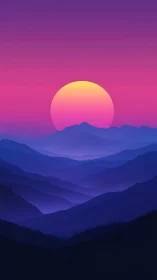 Digital gradient sun sets behind layered blue mountain ranges