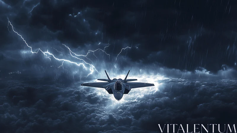 Stealth fighter jet cutting through storm and lightning skies.