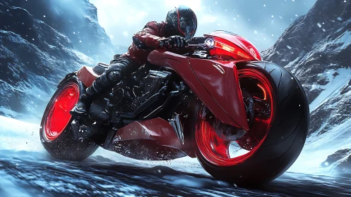Crimson sport bike carving bold lines through icy mountains.