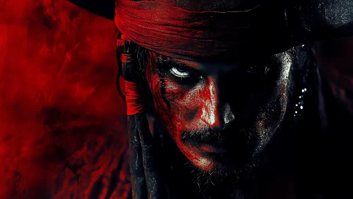 Storm-eyed pirate in crimson shadowed seas of night.