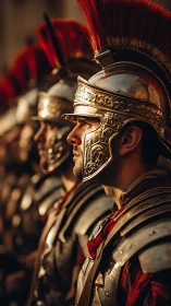 Sunlit legion helmets catch fire along the marching line