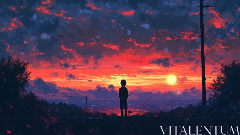 Child beneath electric skies watching a painted sunset glow.