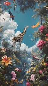 Dreamy jungle skyline with giraffes and sky-bright birds.