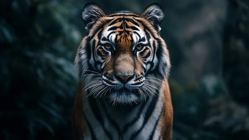 Tiger portrait under moody forest light at dusk.
