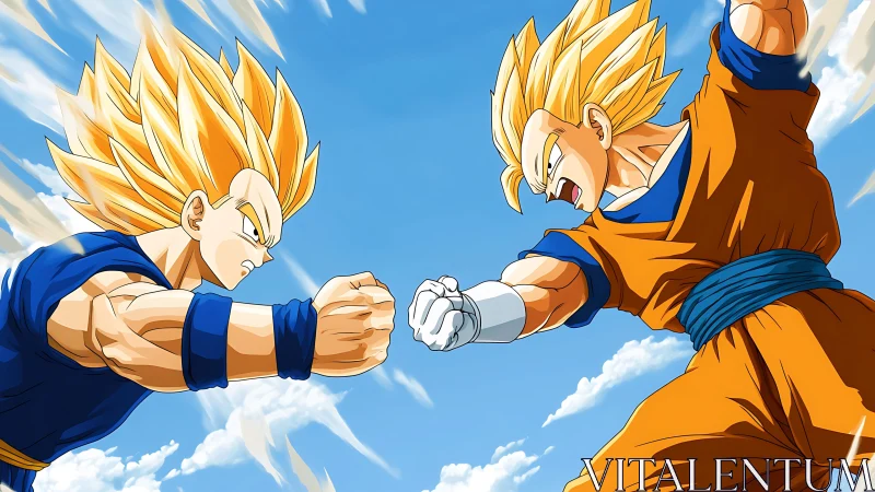 Opposed golden‑haired fighters collide with dynamic foreshortening
