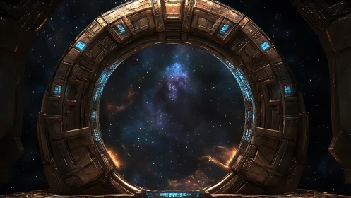 Massive sci-fi stargate frames a glowing deep-space nebula.
