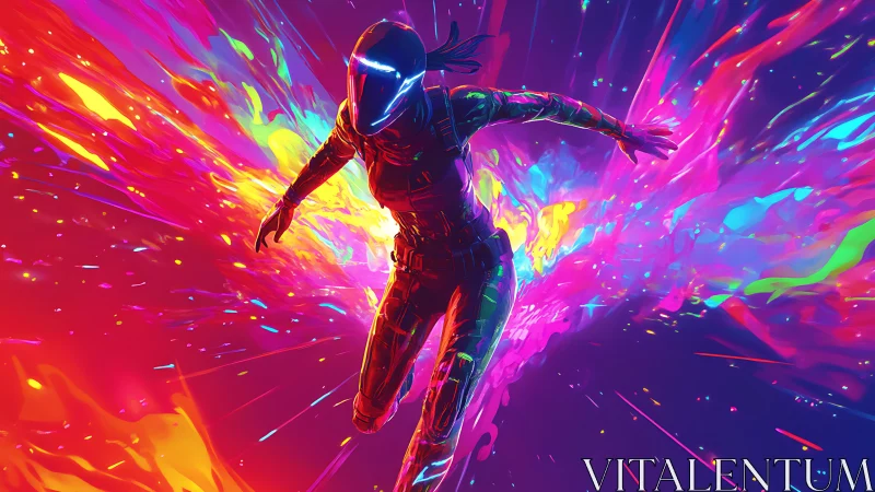 Neon-suited runner cuts through explosive cosmic color field