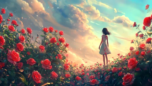 Girl in a glowing rose garden under a dreamy sky at dusk.