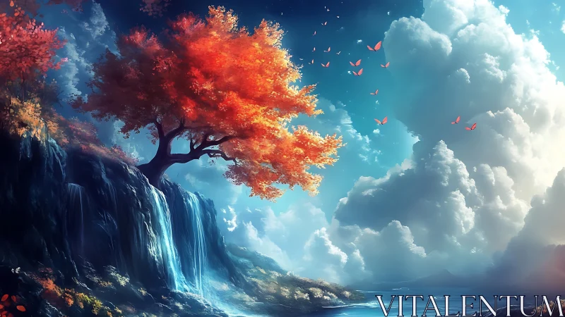 Luminous crimson tree above misty waterfalls at dawn.