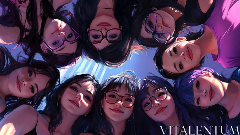 Friends form tight circle under sky, faces lit by warm glow