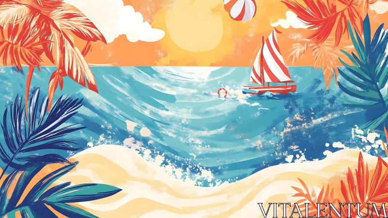 Vibrant tropical seascape with striped sailboat at sunset.