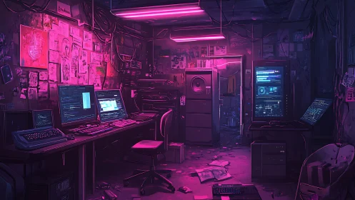 Cozy neon hacker hideout glowing with midnight creativity.