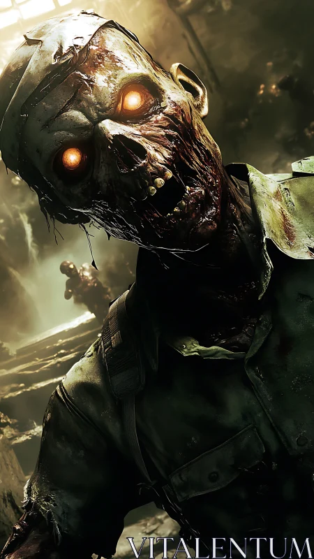 Glowing-eyed zombie lunges forward in a decayed war zone
