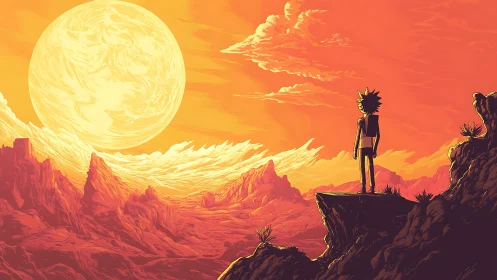 Curious space traveler gazing over a glowing alien sunset.