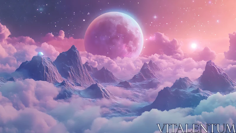 Dreamy pastel mountains rise beneath a glowing cosmic moon