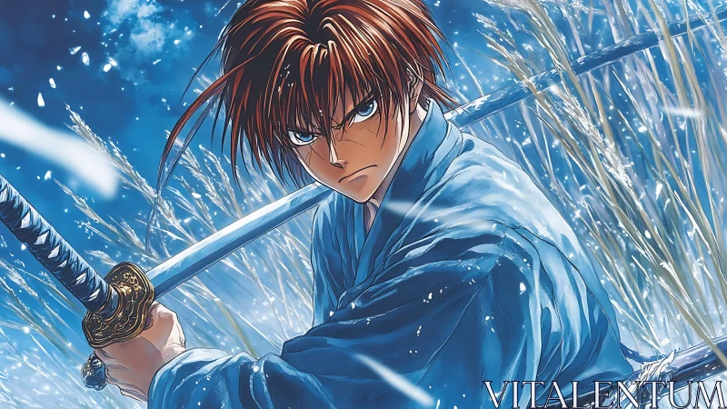 Samurai swordsman stands poised in a storm of flying ice shards