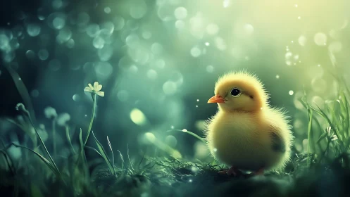 Young chick on grass with single flower in soft focus field.