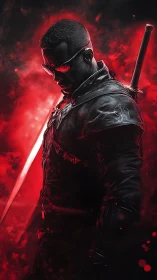 Armored swordsman in red backlight with katana and visor.