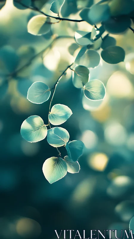Selective focus view of backlit branch with round leaves.