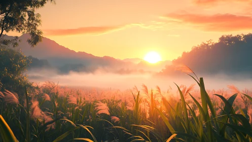 Radiant mist-layered valley sunrise over dense prairie grasses.