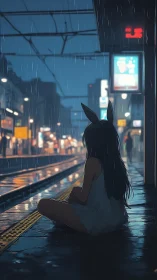 Girl with bunny ears sits alone on wet night station platform.
